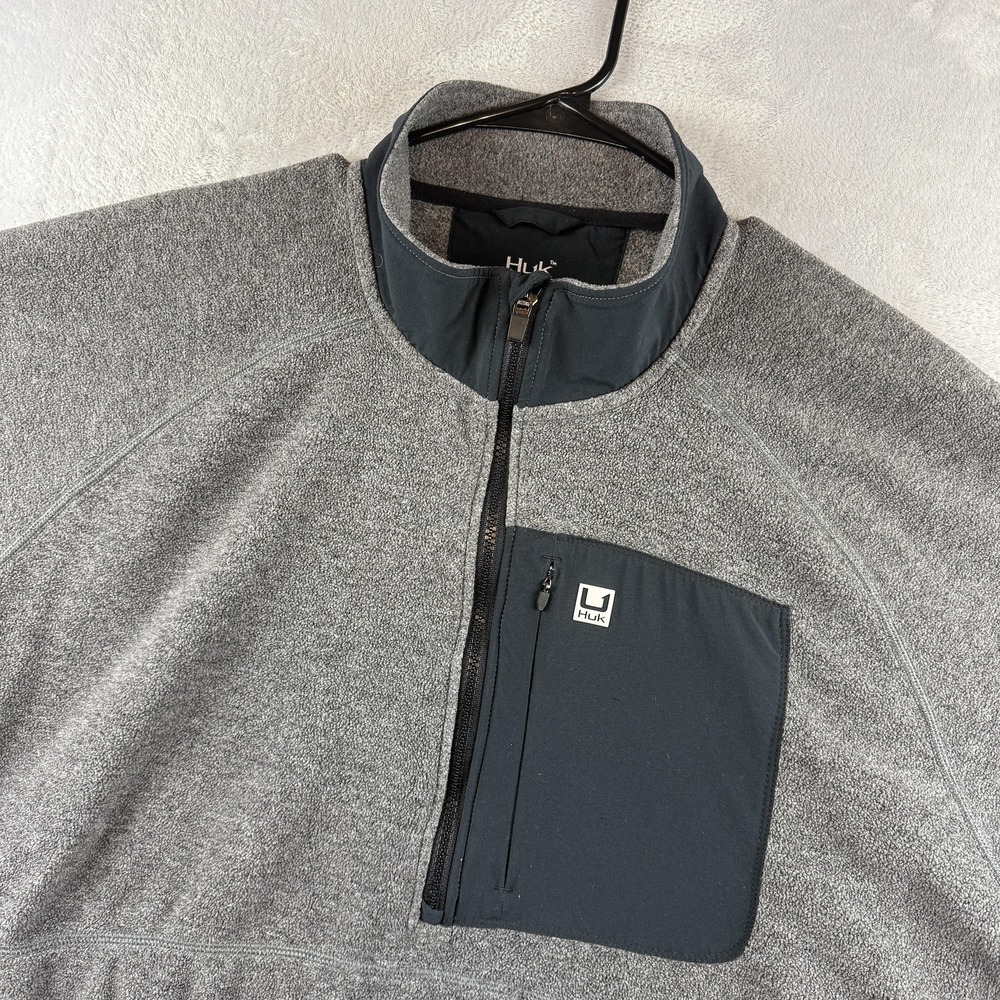 Huk Pullover Mens XXL Gray Half Zip Fleece Fishing Zip Pocket Raglan Charcoal